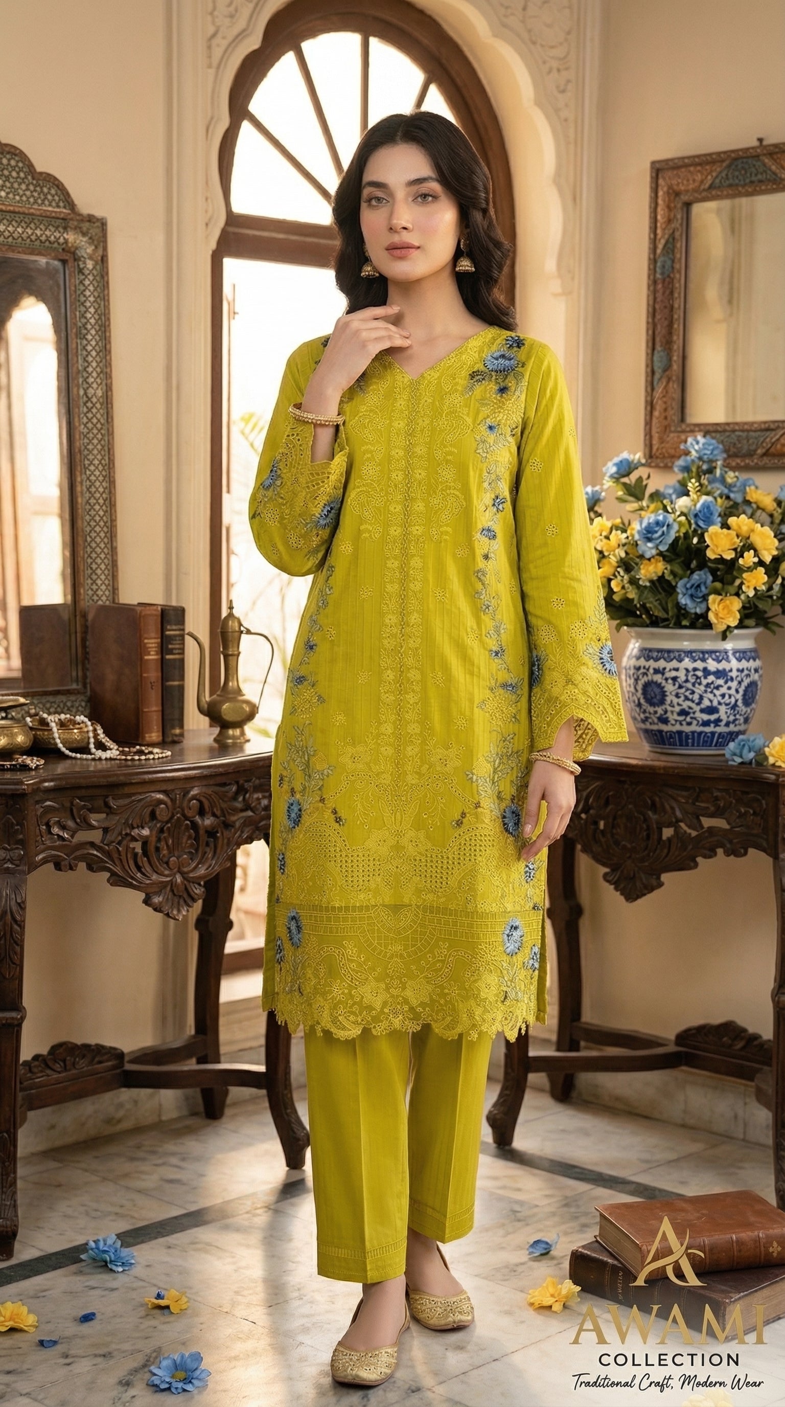 Lime Zest Embroidered Laser-Cut Ensemble