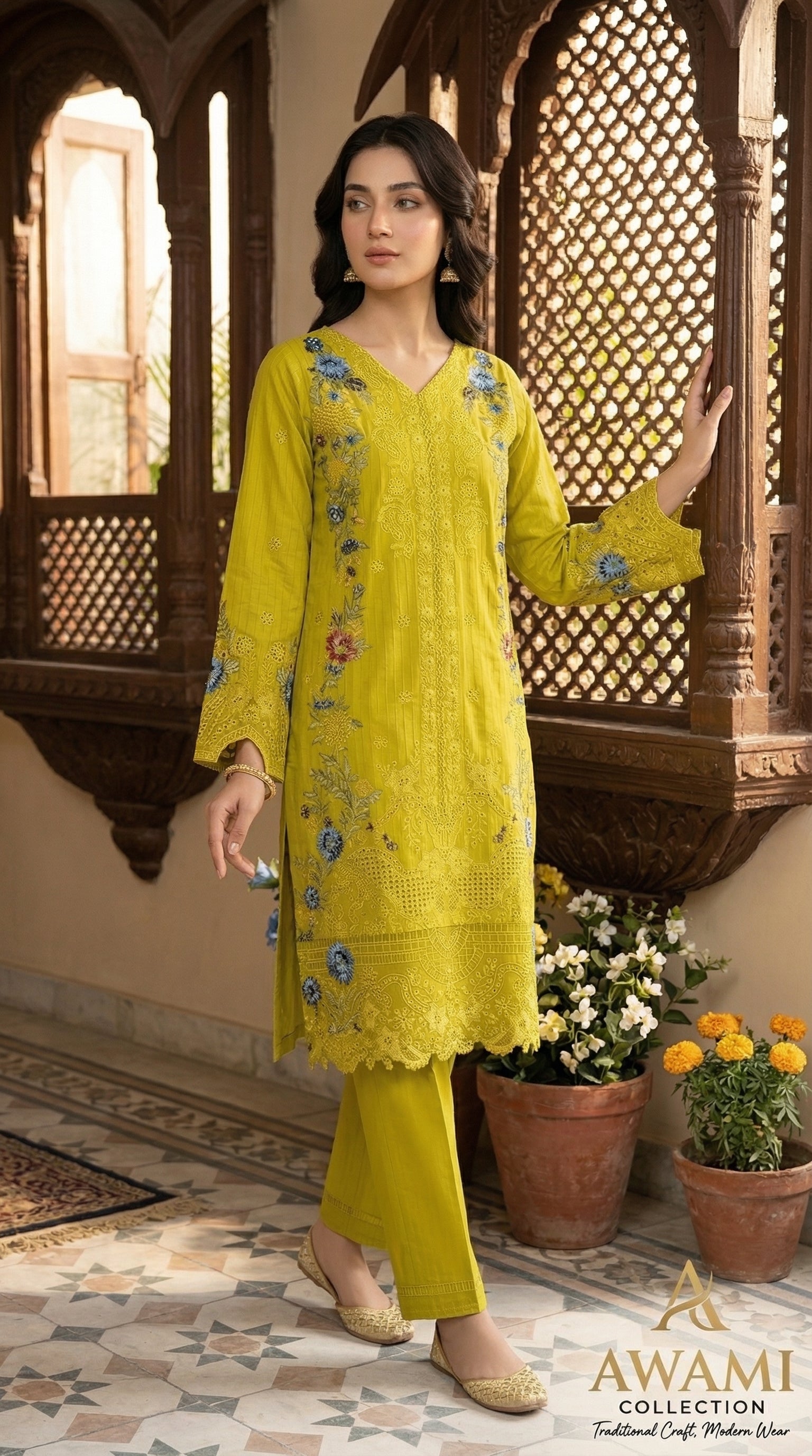 Lime Zest Embroidered Laser-Cut Ensemble