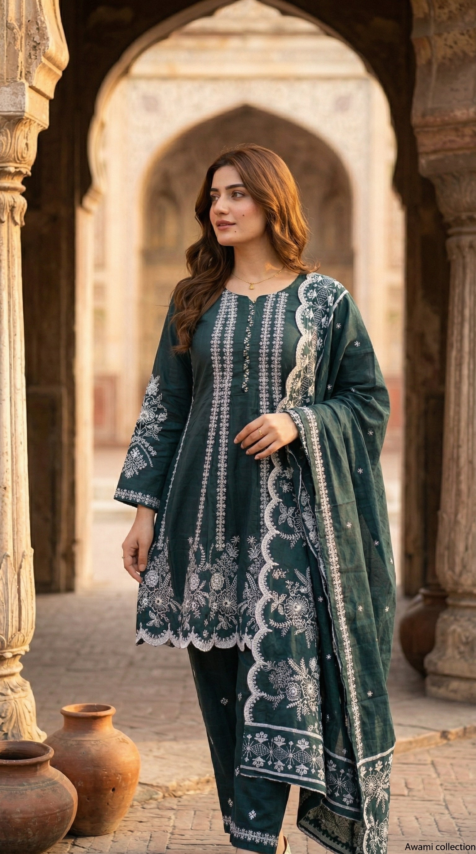 Green Embroidered Frock 3-Piece