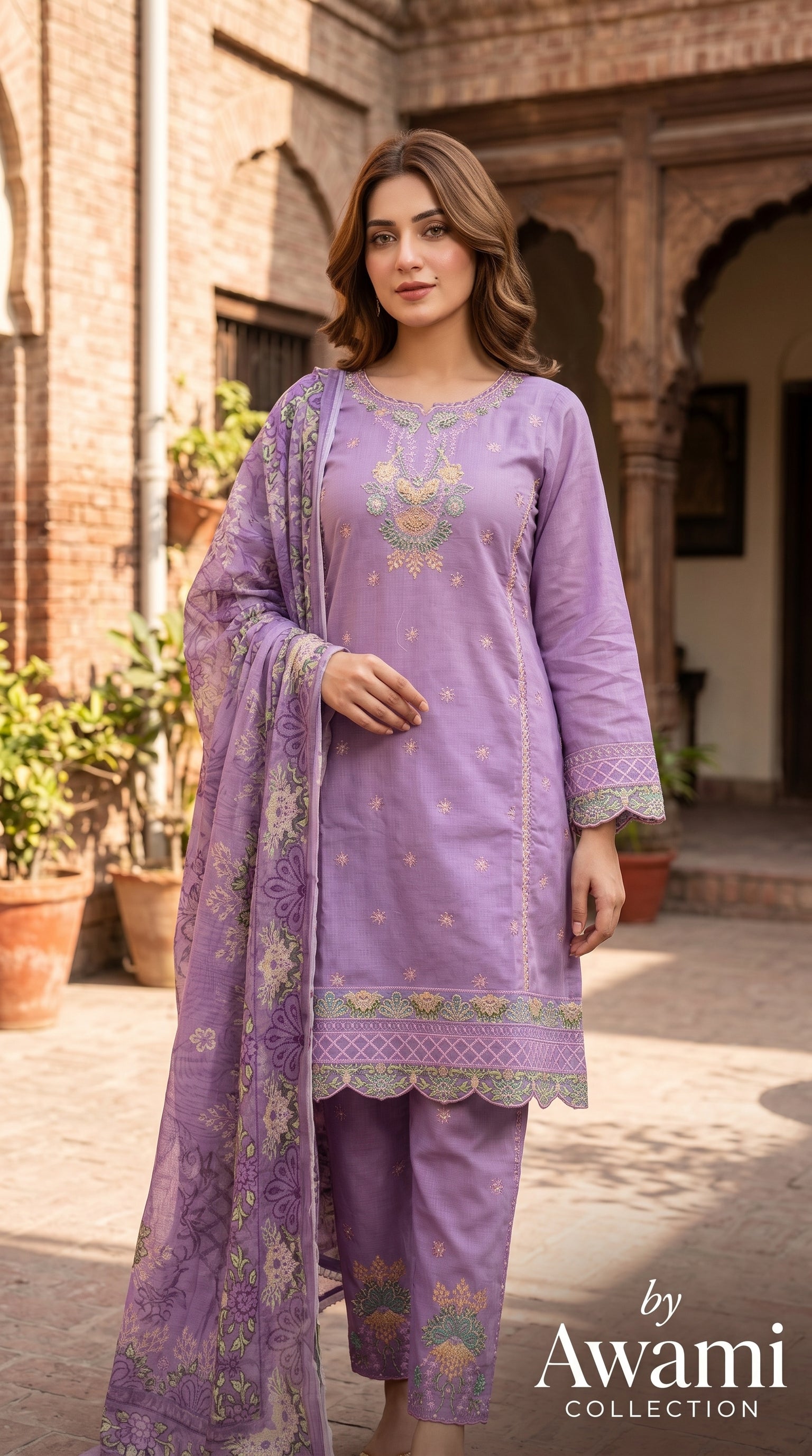 Stunning Lavender Embroidered 3-Piece Pakistani Lawn Salwar Kameez | Premium Floral Kurta Set with Dupatta – Awami Collection 2026
