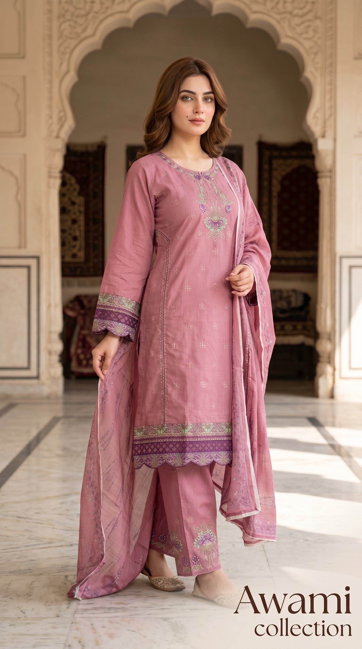 3-Piece Mauve Floral Embroidered | Awami Collection