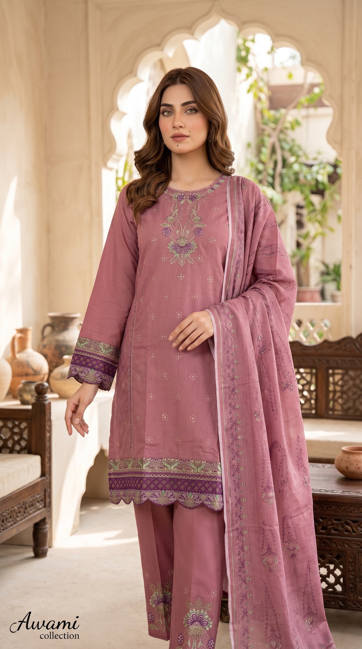 3-Piece Mauve Floral Embroidered | Awami Collection