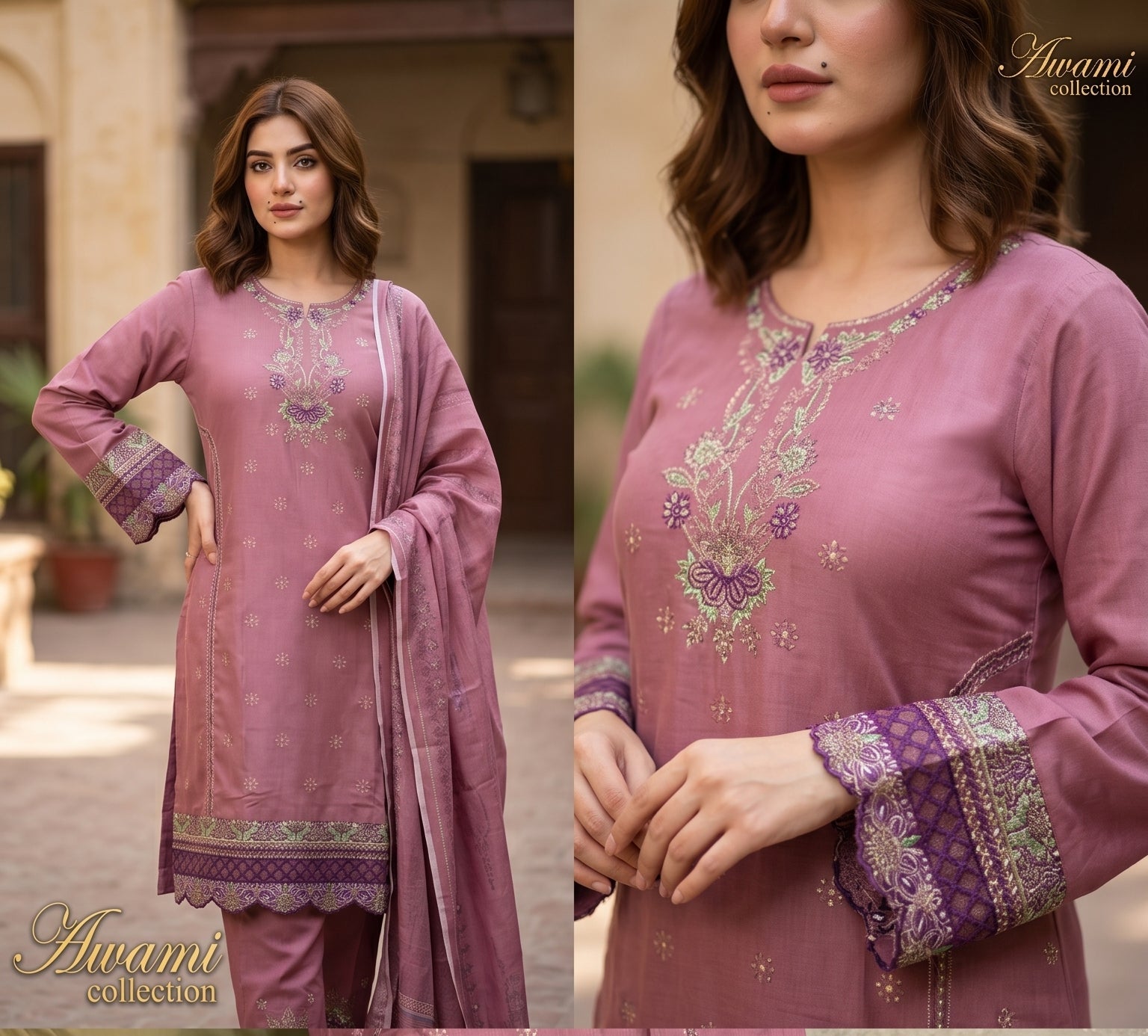 3-Piece Mauve Floral Embroidered | Awami Collection