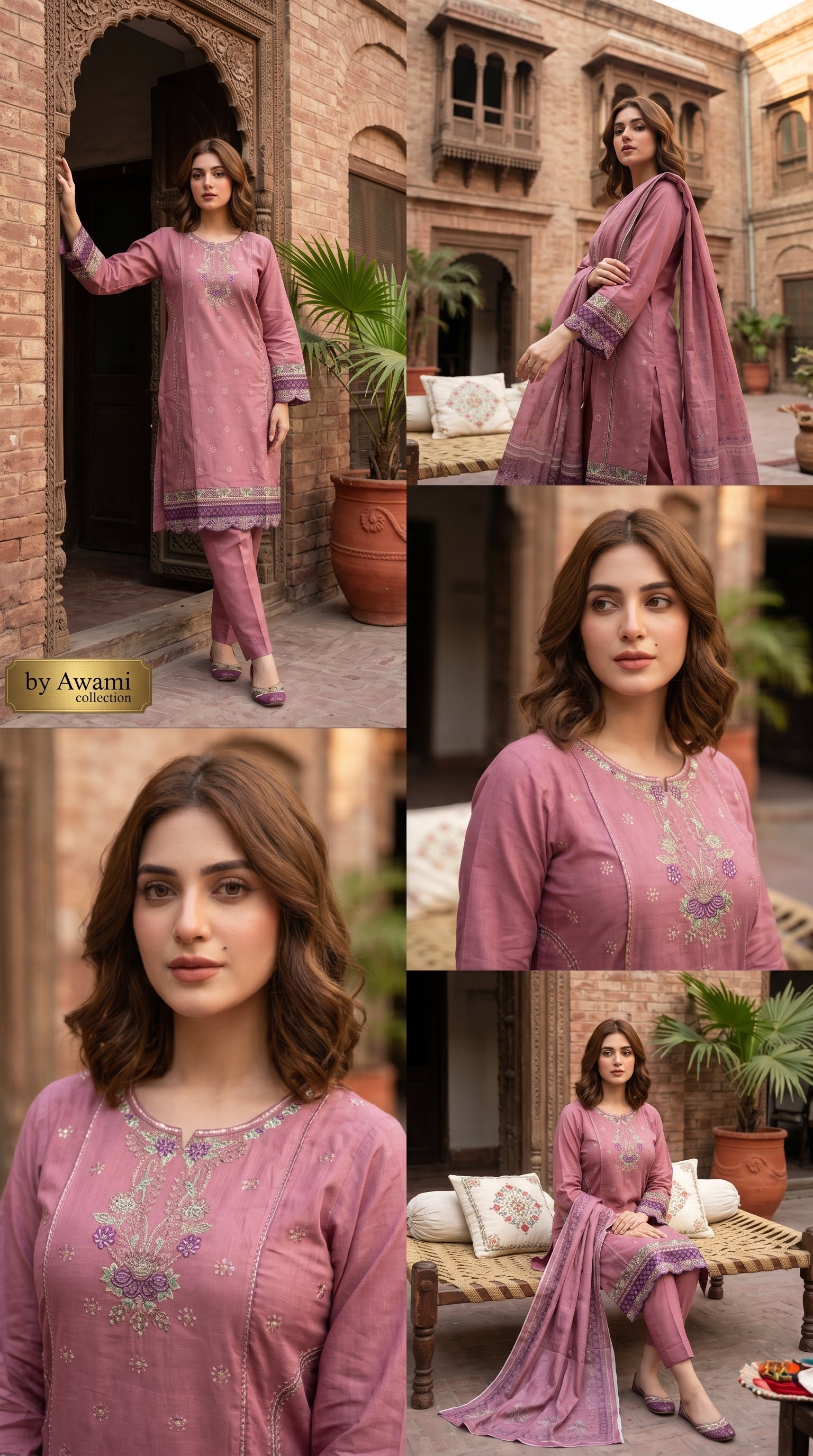 3-Piece Mauve Floral Embroidered | Awami Collection