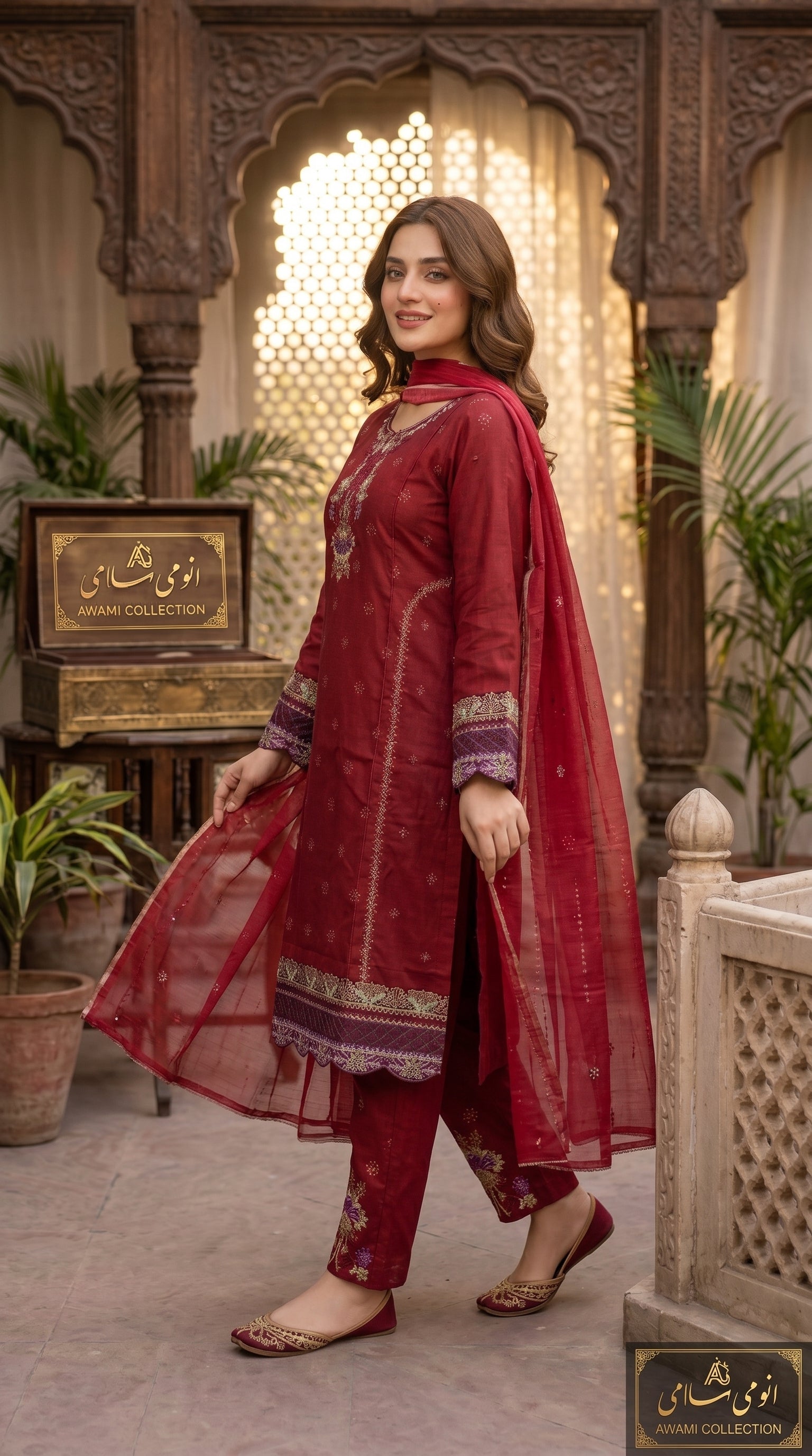 Maroon Embroidered Pakistani Suit - Awami Collection