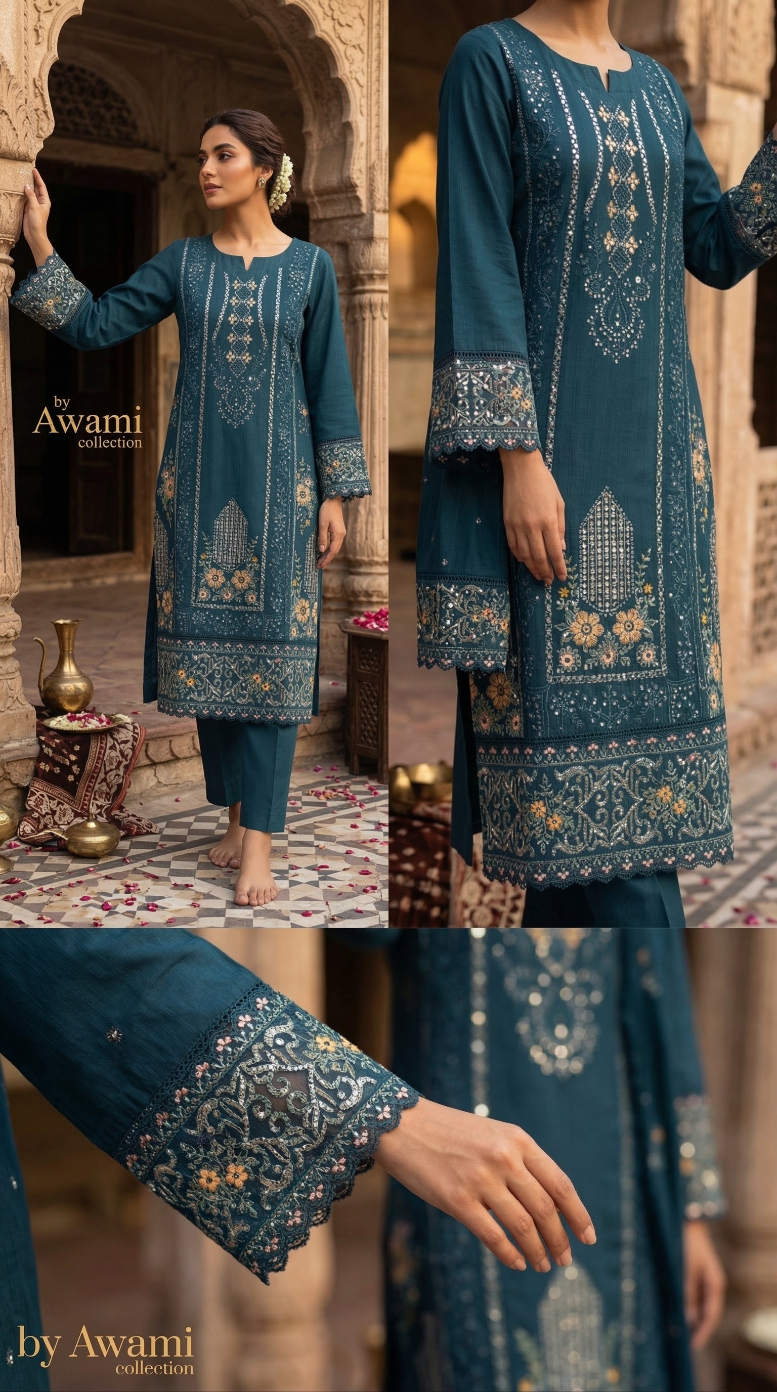 Prussian Blue Embroidered Mirror-Work Suit