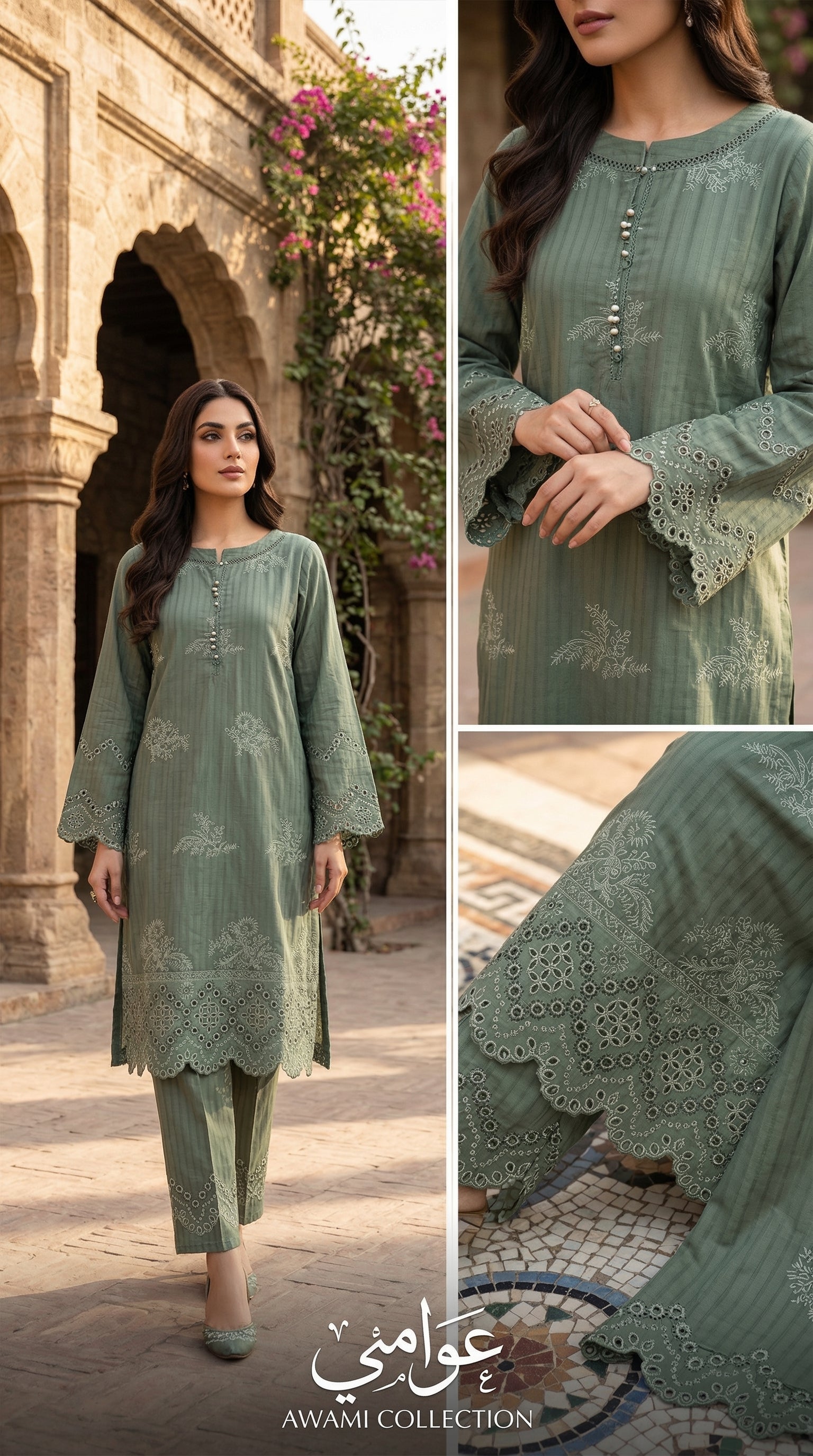 Sage Green Embroidered Chikankari Ensemble