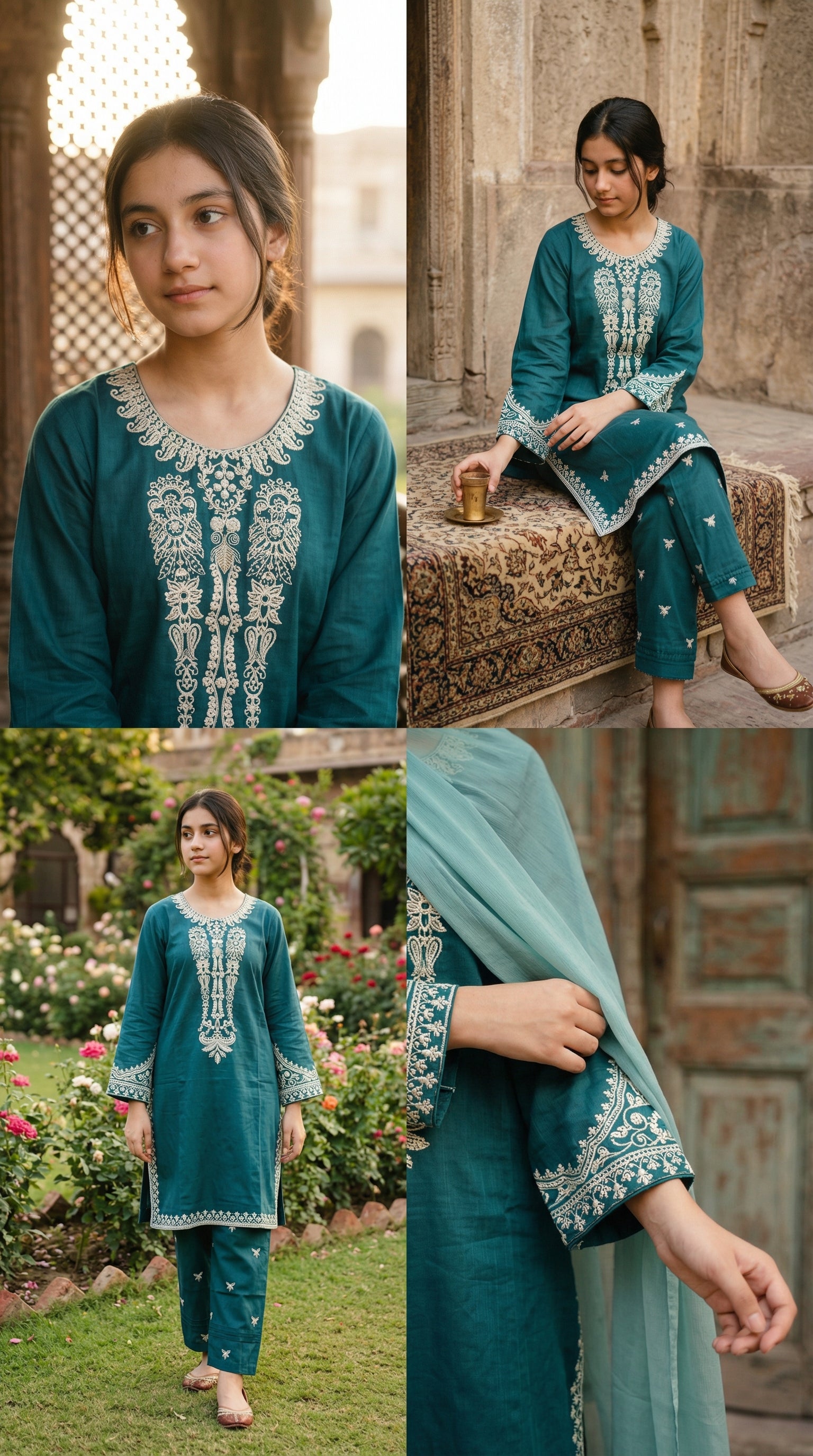 Emerald Grace Embroidered Cotton Suit