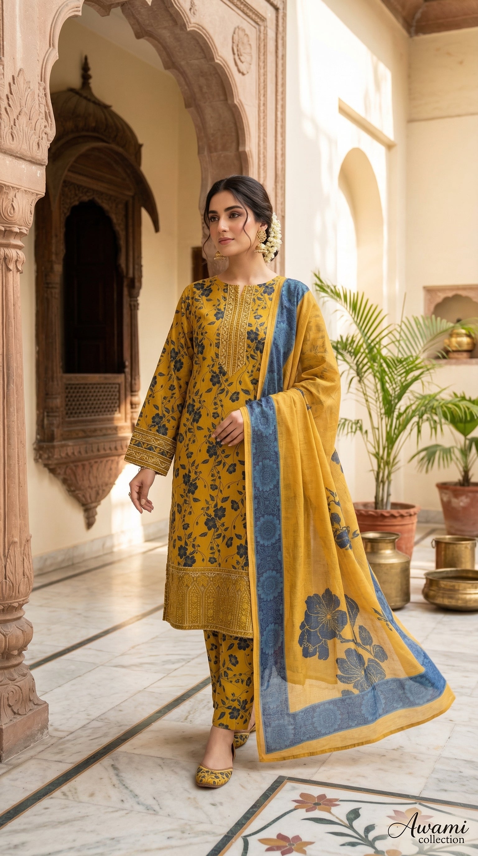 Ochre Mustard & Slate Blue Floral Ensemble