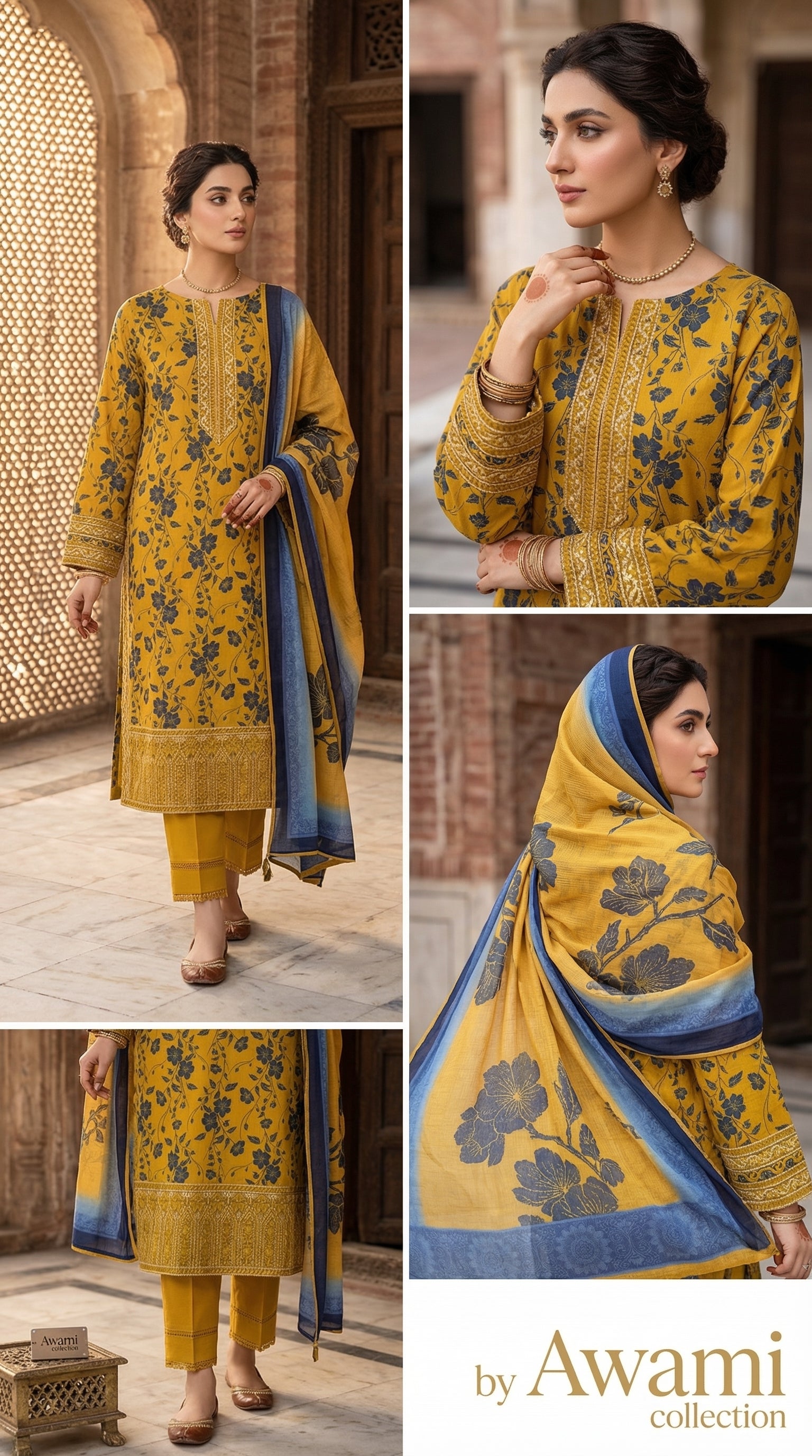 Ochre Mustard & Slate Blue Floral Ensemble