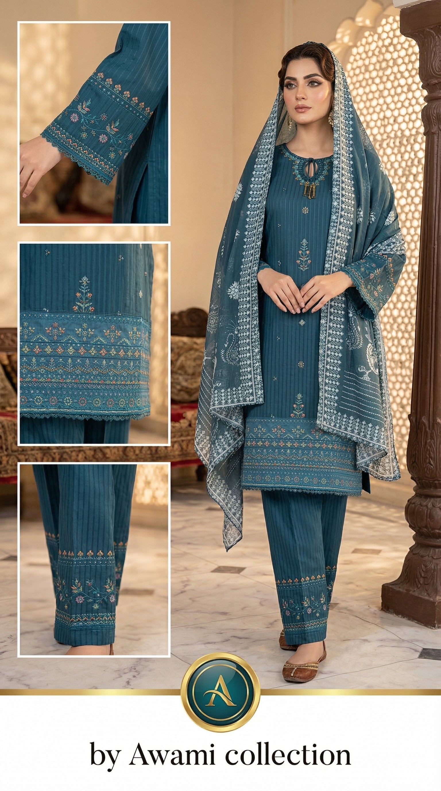 Elegant Teal Embroidered 3-Piece Lawn Suit