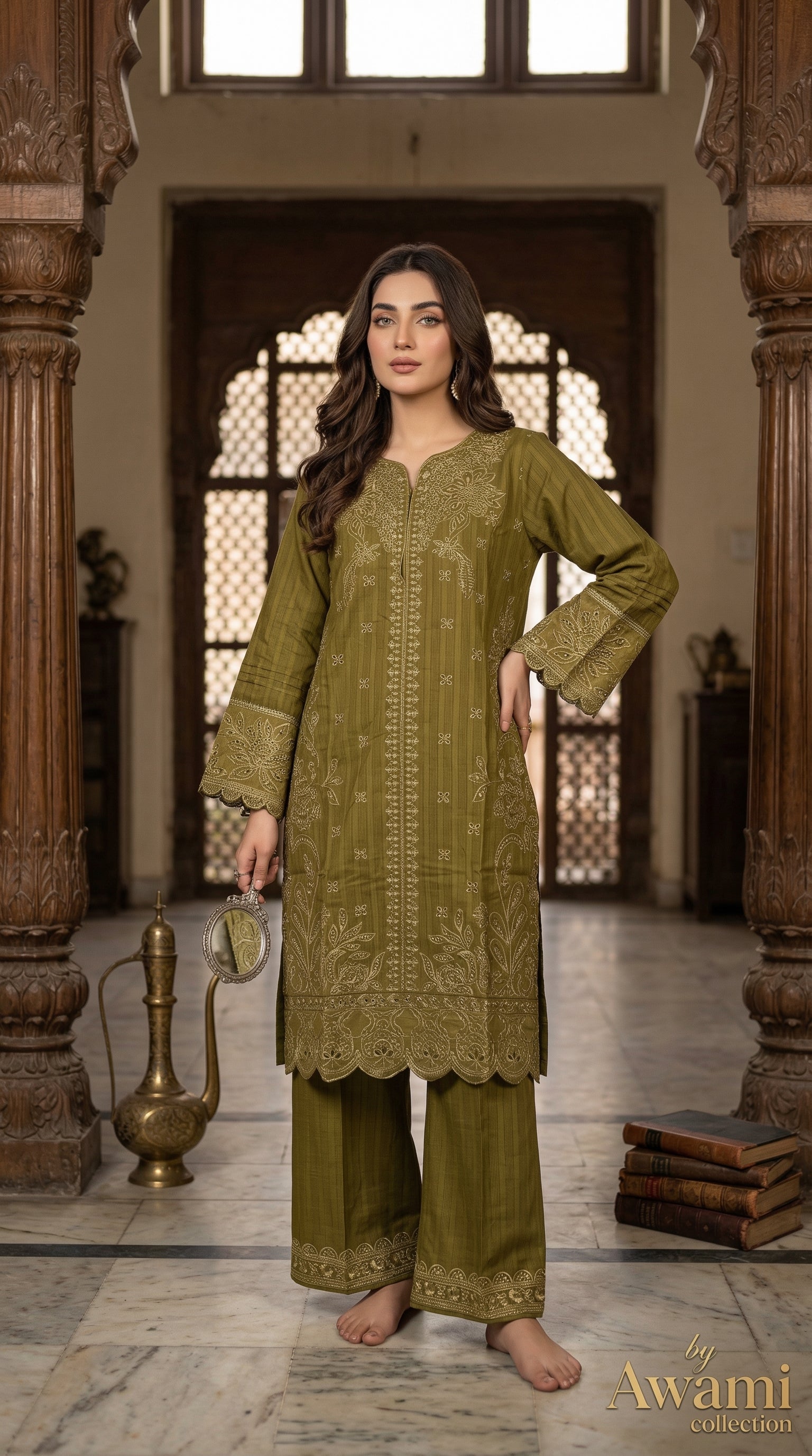 Olive Green Embroidered Lawn Suit