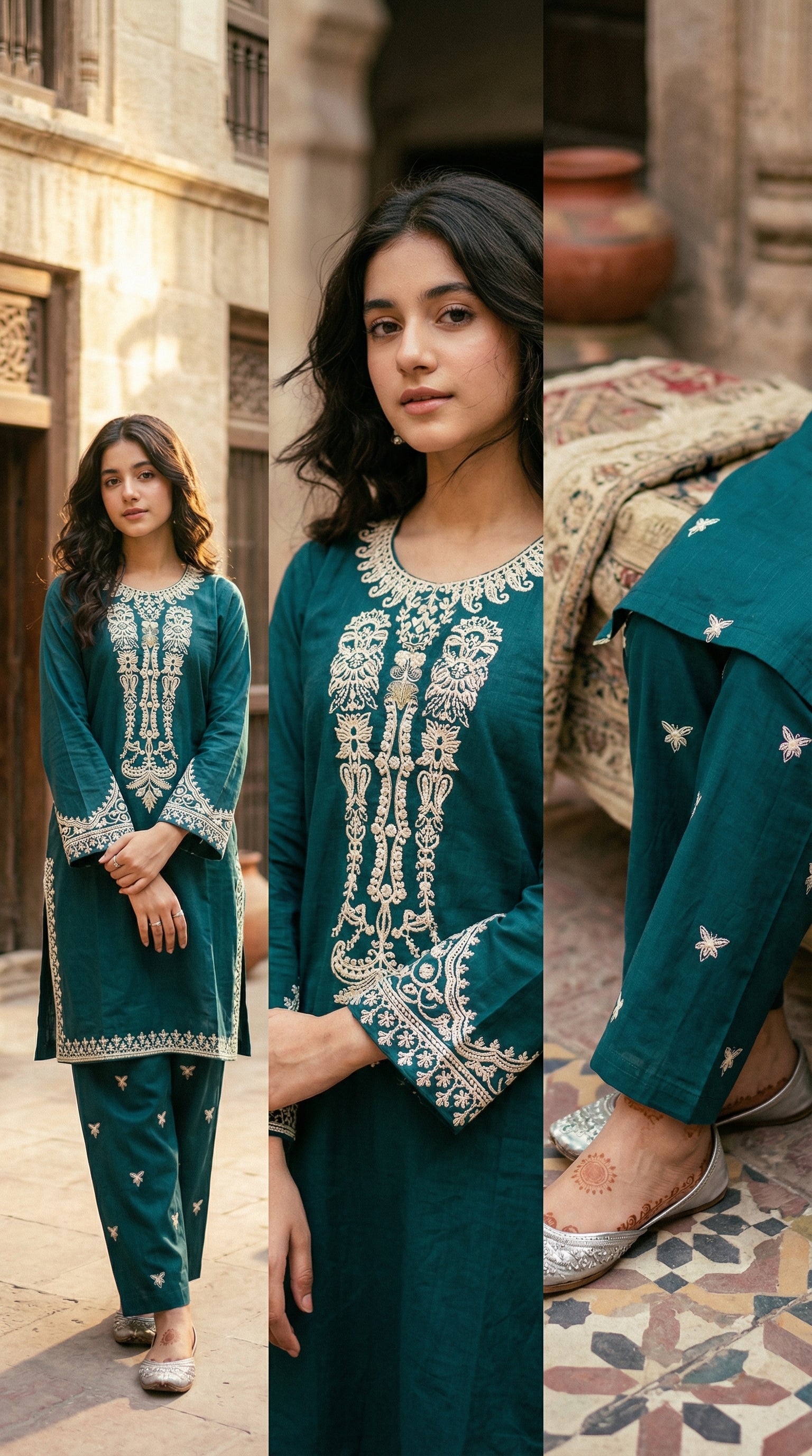 Emerald Grace Embroidered Cotton Suit
