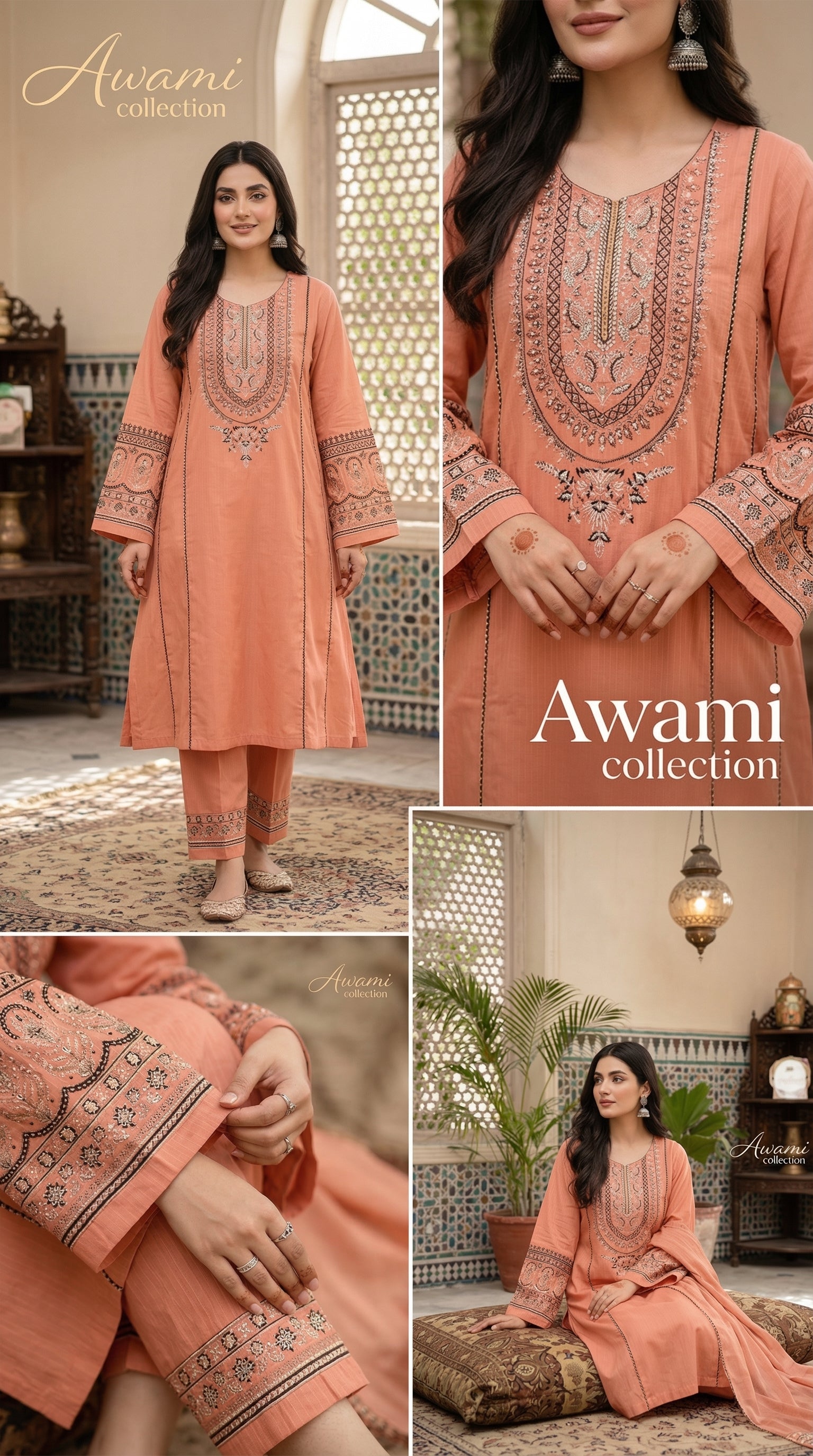 Peach-Coral Embroidered Cotton Frock