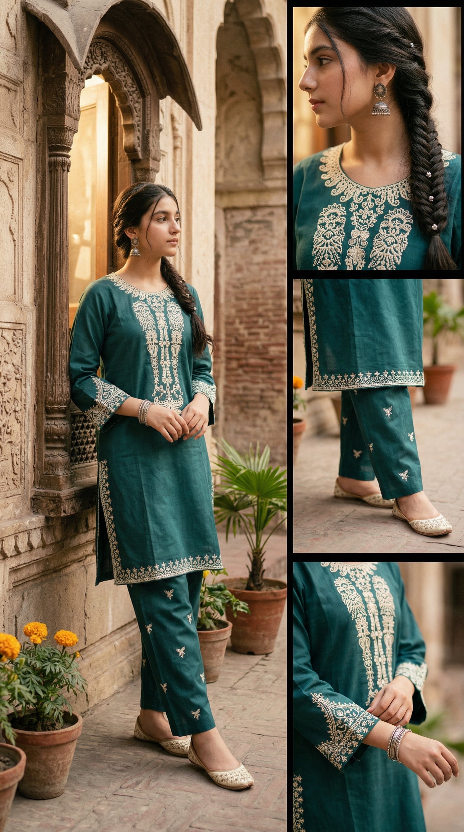 Emerald Grace Embroidered Cotton Suit