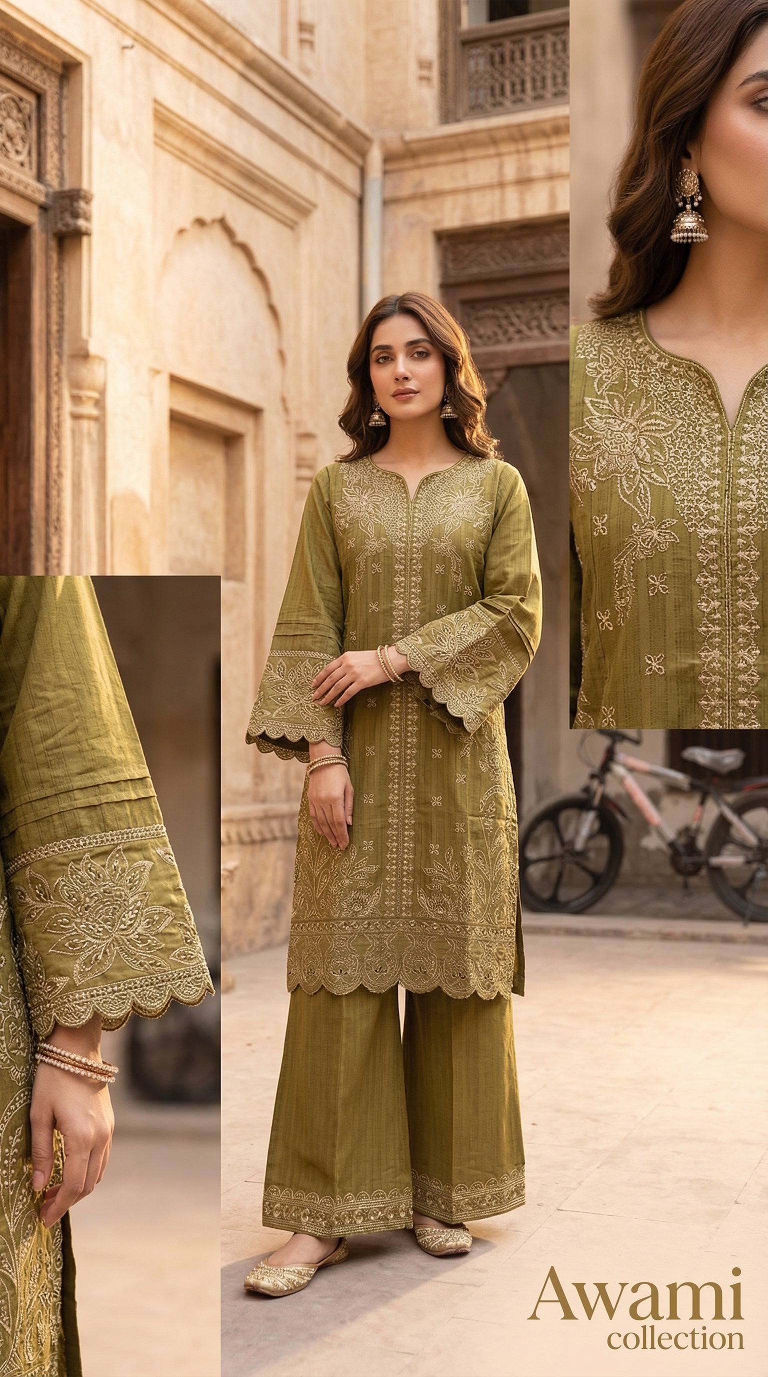 Olive Green Embroidered Lawn Suit