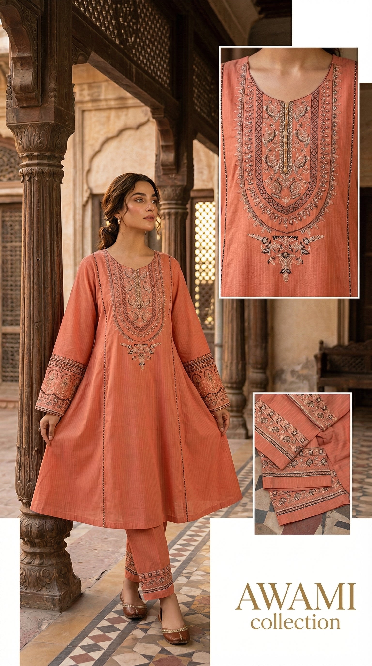 Peach-Coral Embroidered Cotton Frock