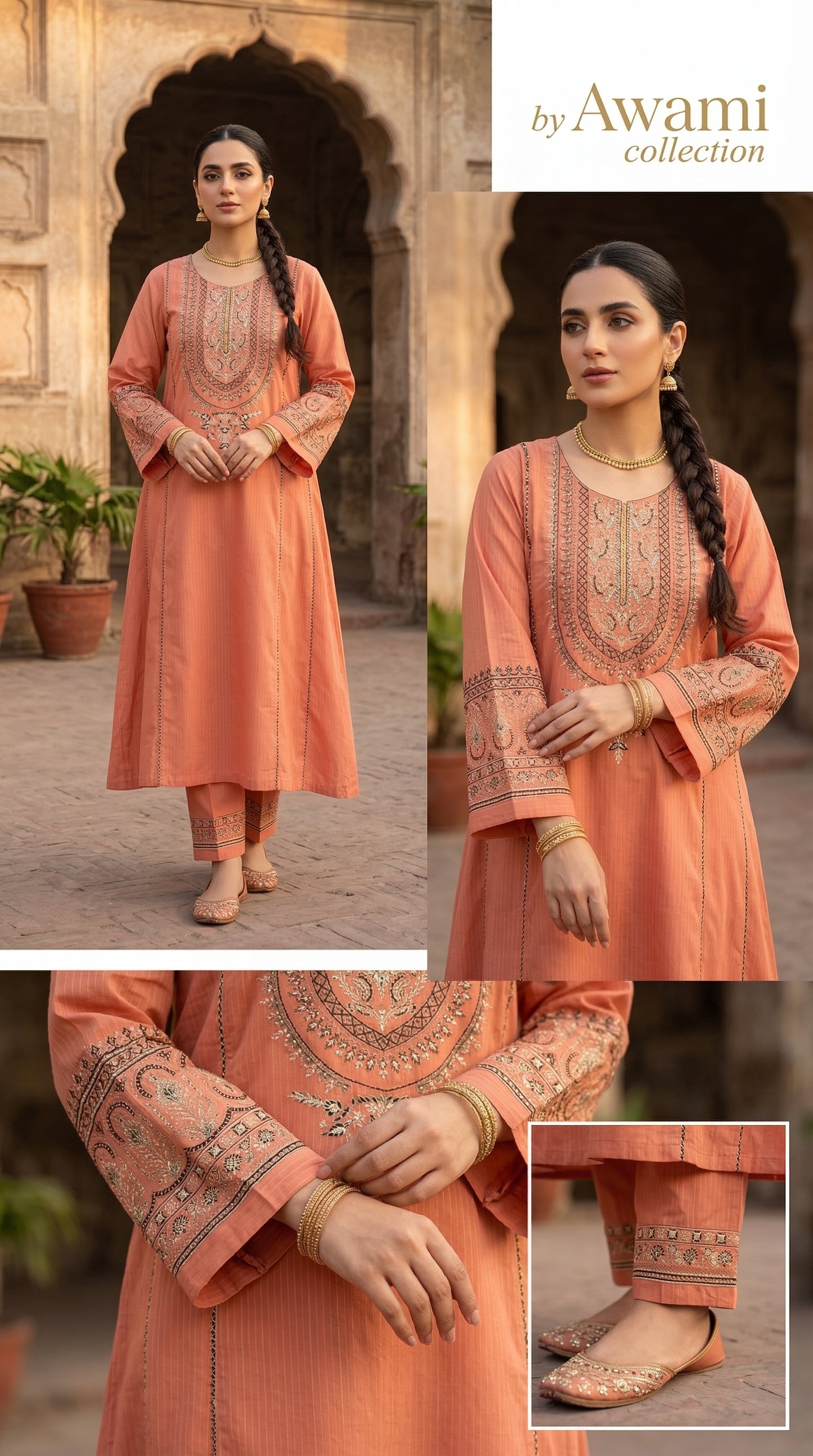 Peach-Coral Embroidered Cotton Frock