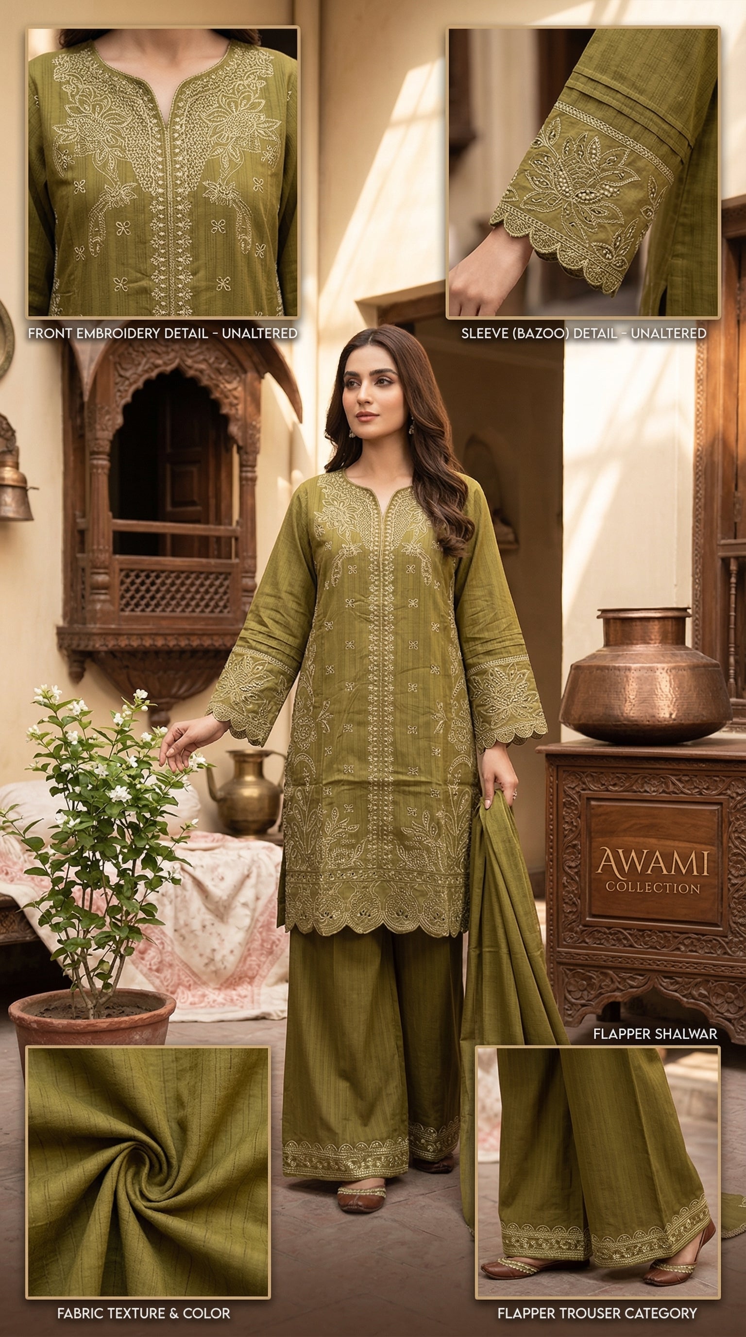 Olive Green Embroidered Lawn Suit