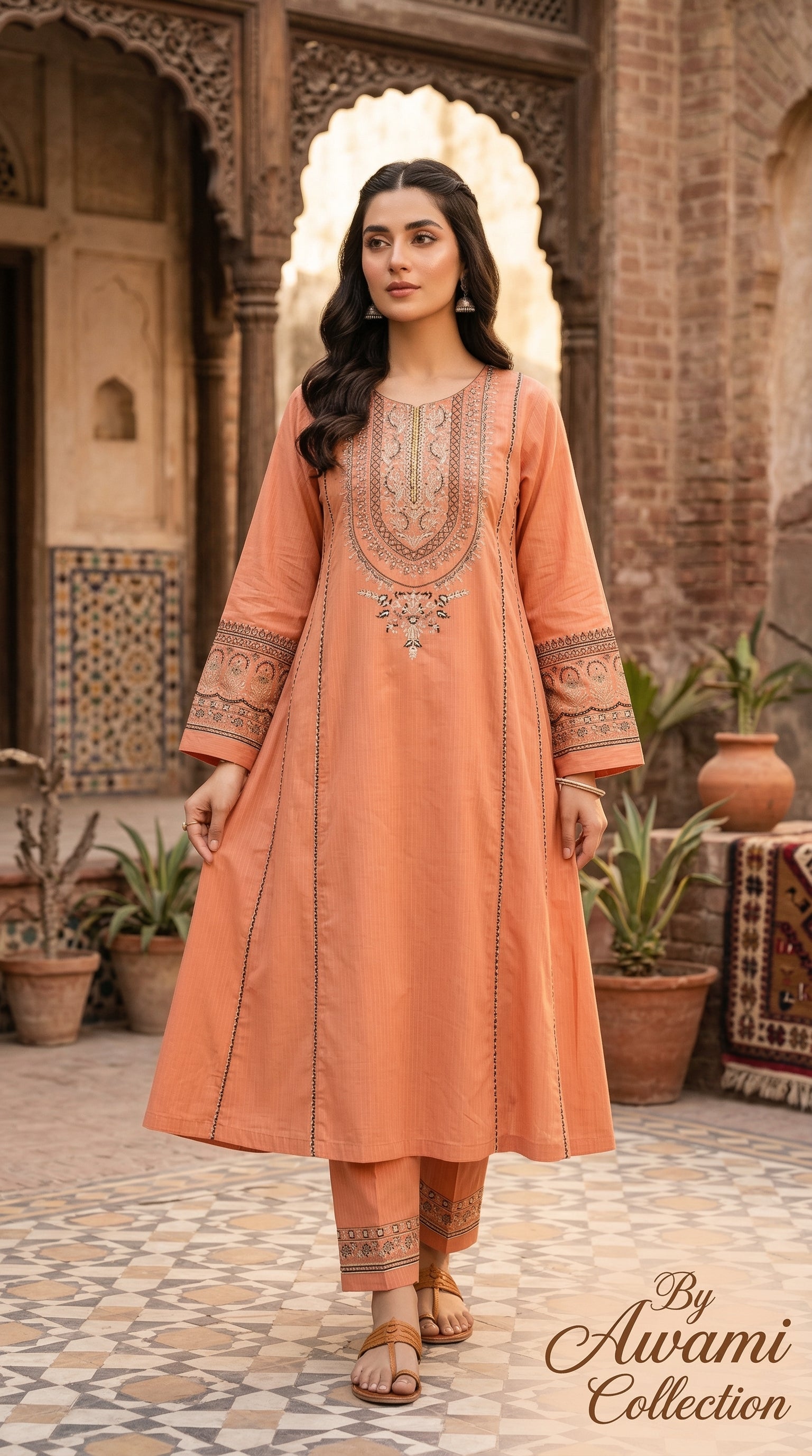 Peach-Coral Embroidered Cotton Frock