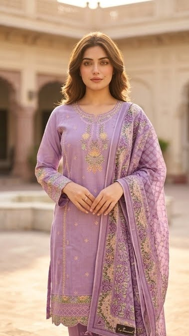 Stunning Lavender Embroidered 3-Piece Pakistani Lawn Salwar Kameez | Premium Floral Kurta Set with Dupatta – Awami Collection 2026