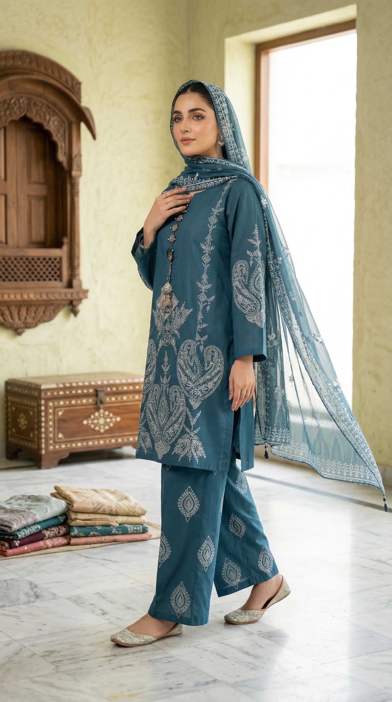 Petrol Blue Elegance – Embroidered 3-Piece Lawn Suit